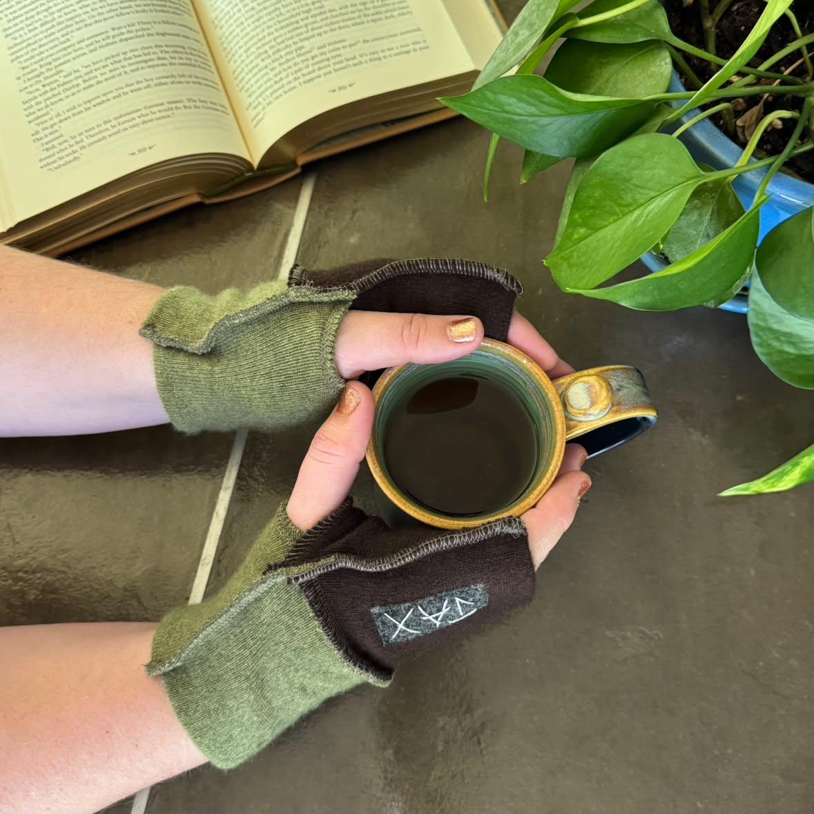 Upcycled Brown and green wool sweater fingerless gloves