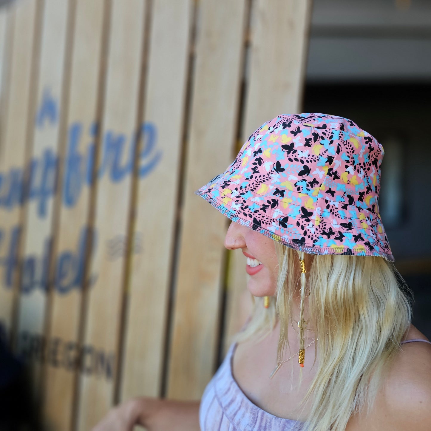 Upcycled butterflies materials turned into an Adult bucket