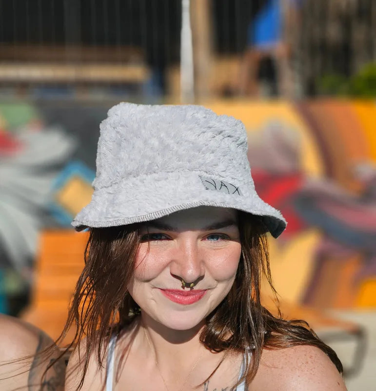 Upcycled Grey fuzzy turned into an Adult bucket reversible