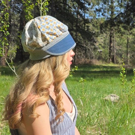 Upcycled Denim and yellow florals stretch Newsboy