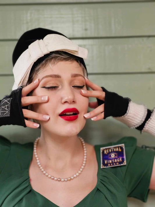 Cream and black upcycled Cashmere fingerless gloves. Rescued and recycled cashmere born again.