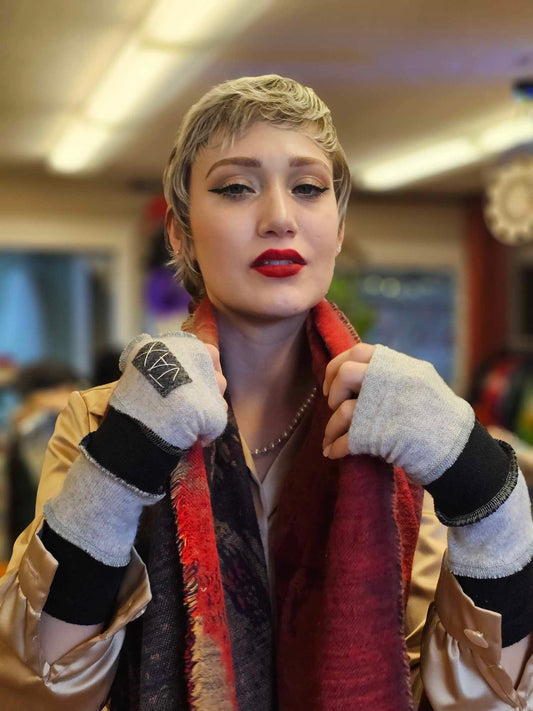 Grey and black upcycled Cashmere fingerless gloves. Rescued and recycled cashmere born again.