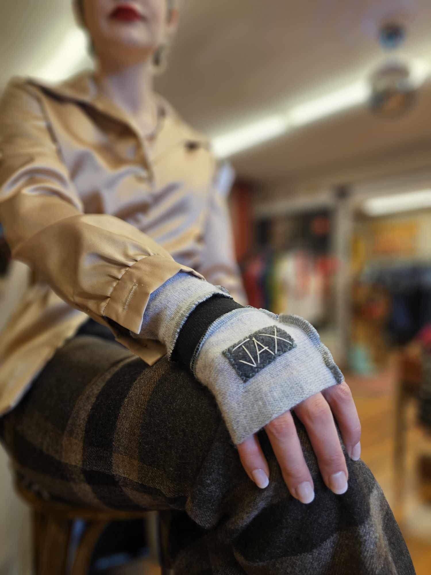 Grey and black upcycled Cashmere fingerless gloves. Rescued and recycled cashmere born again.