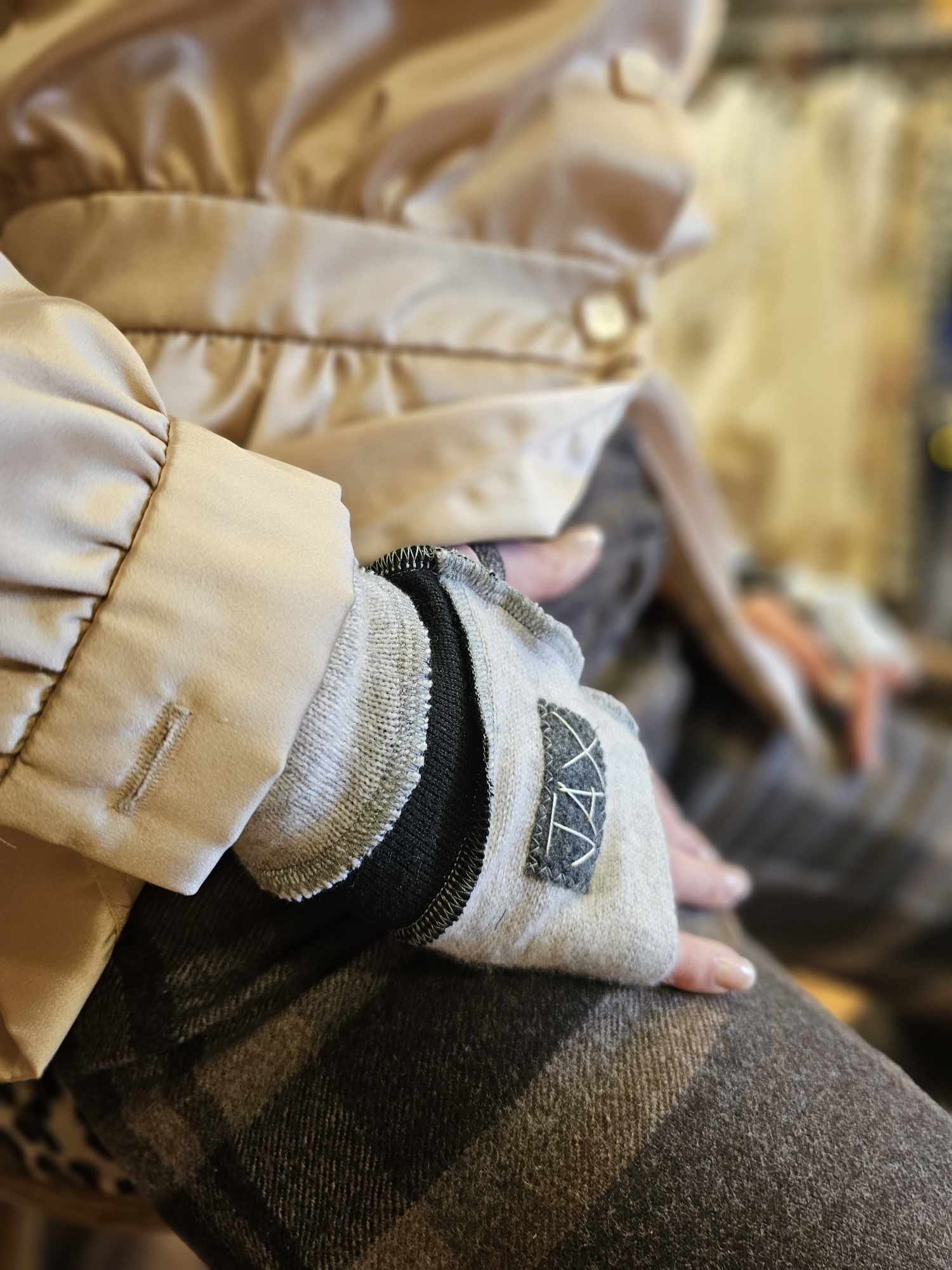 Grey and black upcycled Cashmere fingerless gloves. Rescued and recycled cashmere born again.