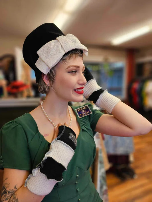 Cream and black upcycled Cashmere fingerless gloves. Rescued and recycled cashmere born again.