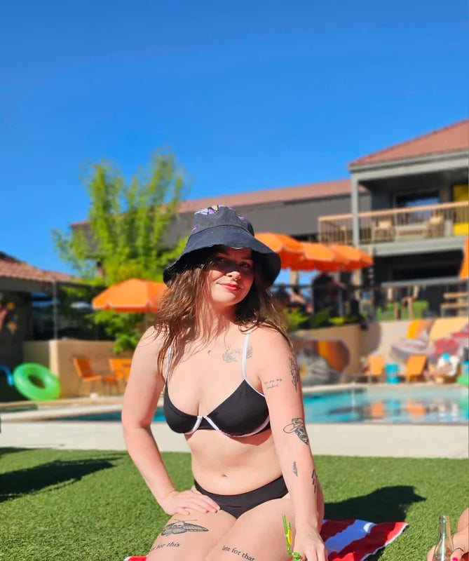 Upcycled Butterfly top and black denim JAX Sun hat