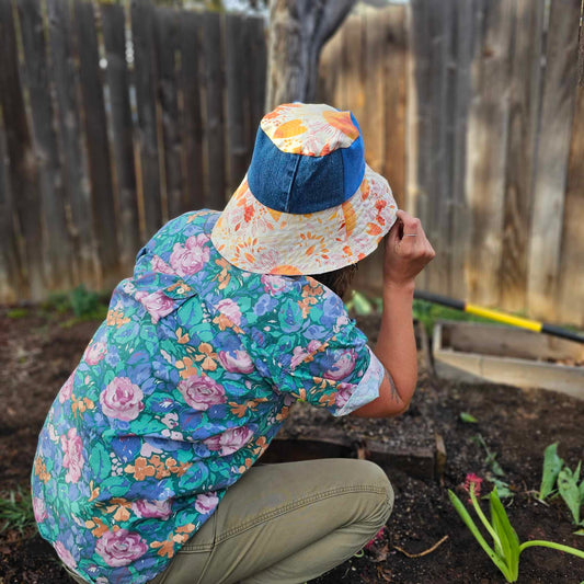 Upcycled Orange Sunflower Canvas and Mix Denim Sun Hat