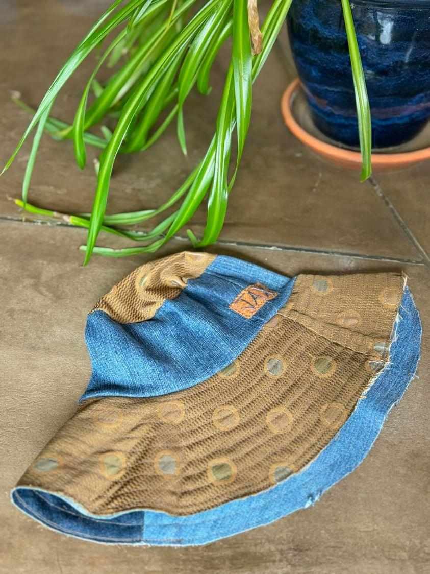 Upcycled Mix Denim and Olive polka upholstry JAX Sun hat