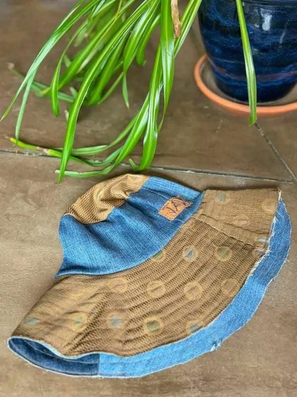 Upcycled Mix Denim and Olive polka upholstry JAX Sun hat
