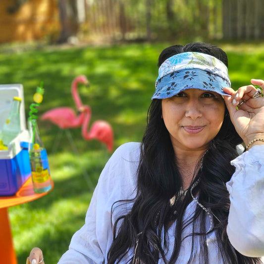 Upcycled Blue floral cord with fun floral band Sun Visor