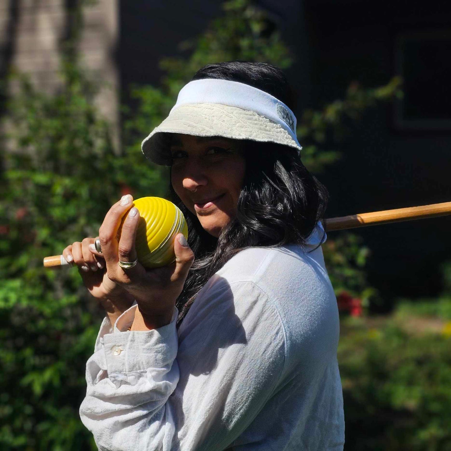 Upcycled Thick cream cotton blanket with white band Sun Visor