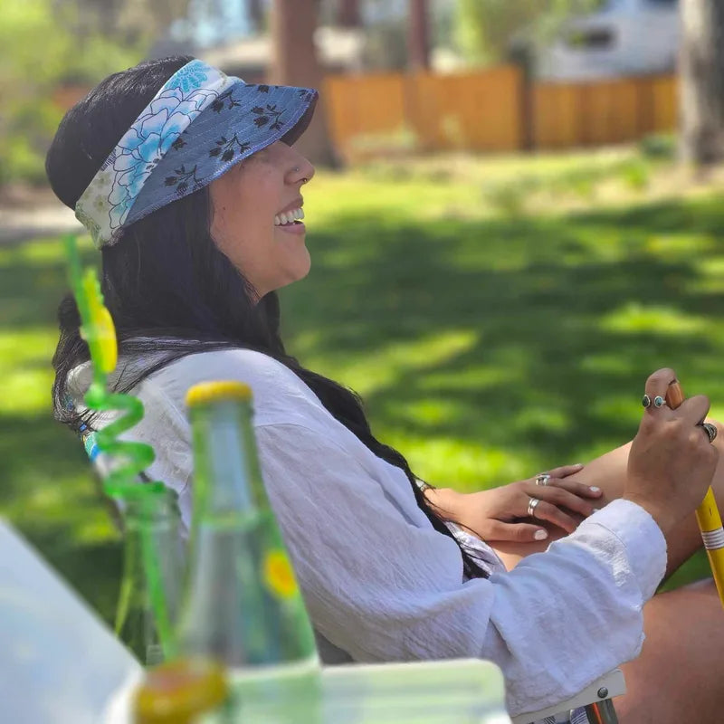 Upcycled Blue floral cord with fun floral band Sun Visor