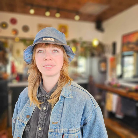 Upcycled Denim turned into an Adult bucket reversible