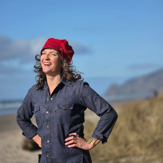 Red on red Upcycled Sweater Newsboy cap