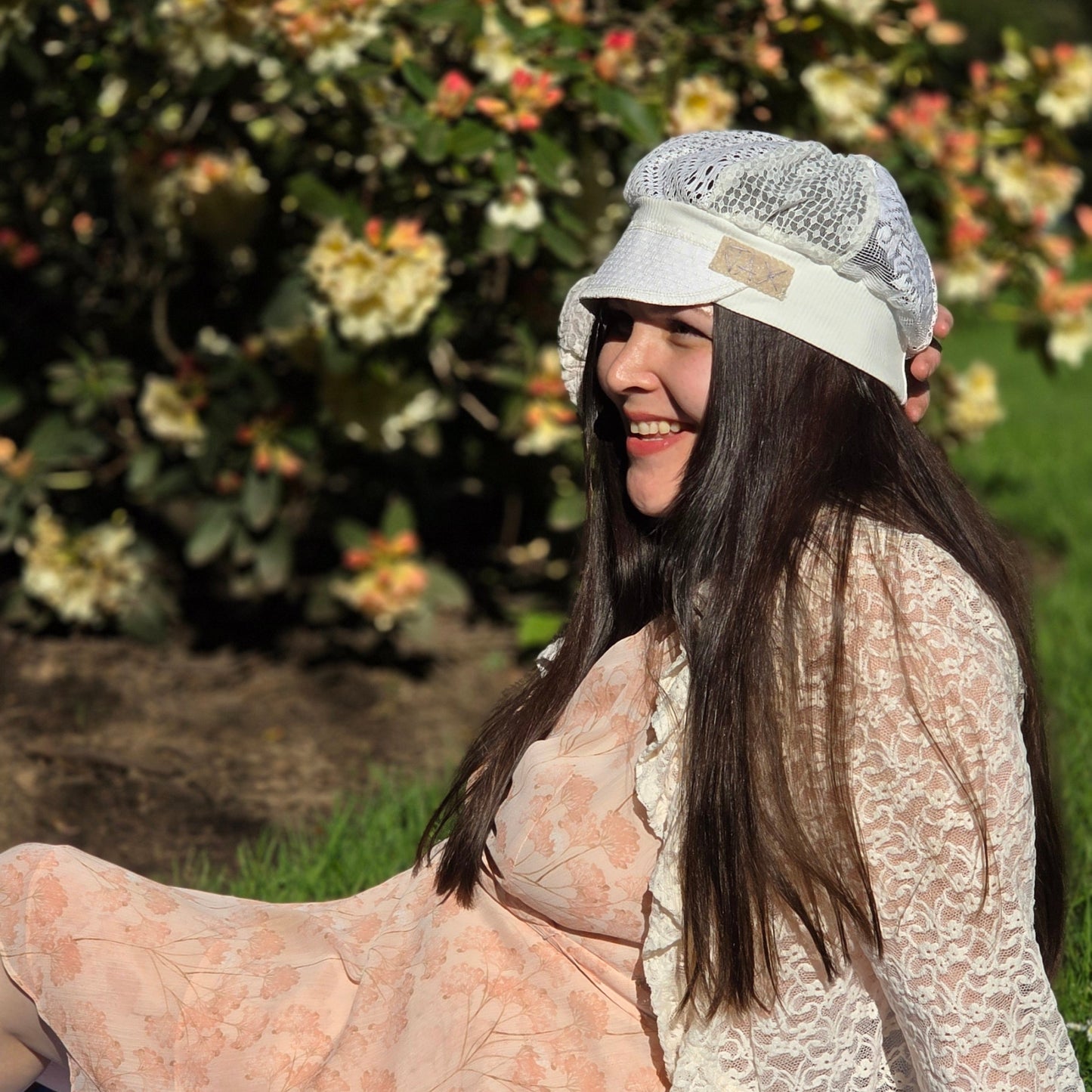 Full White and Cream Upcycled vintage table cloths lace Newsboy cap