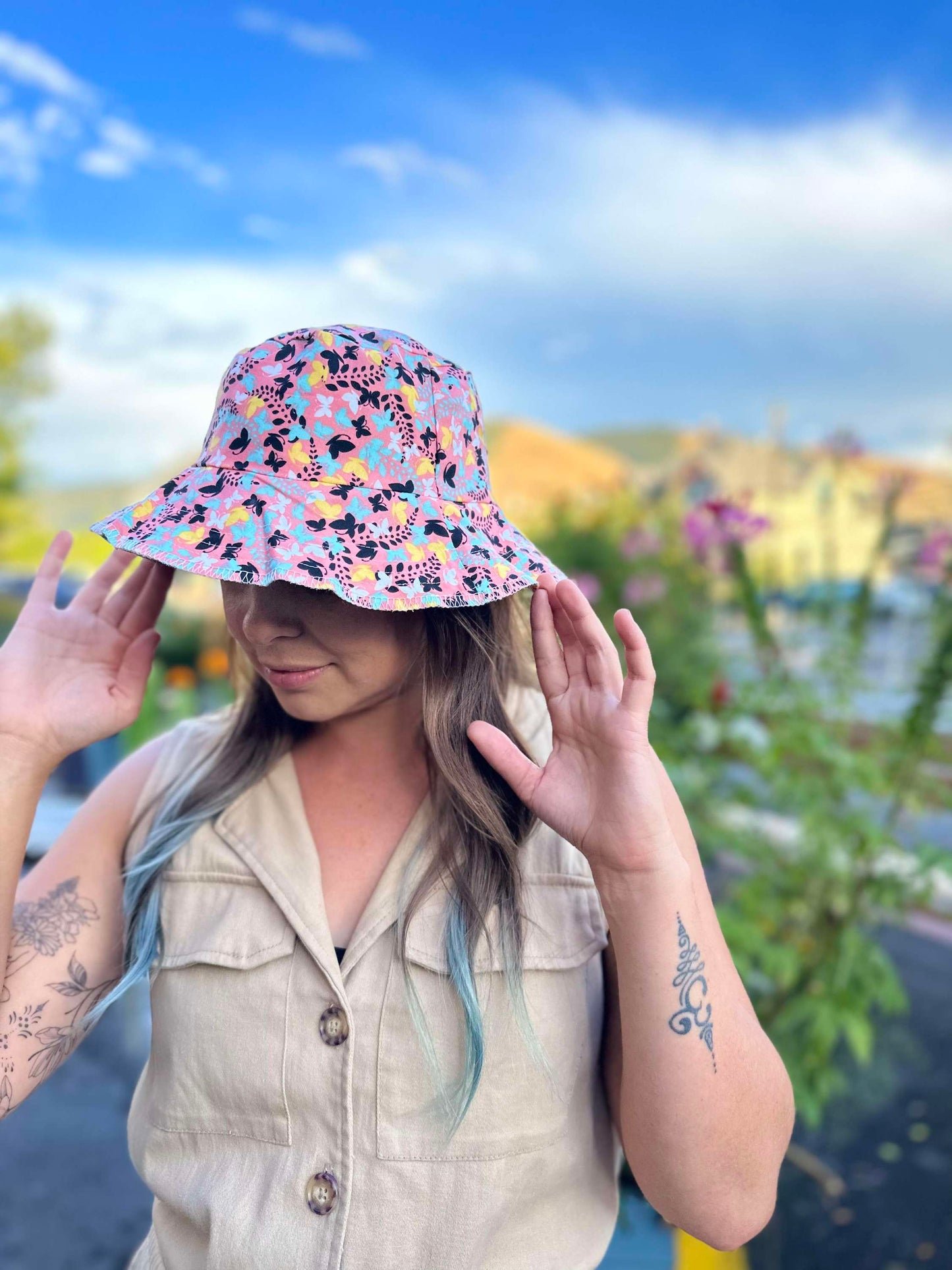 Upcycled butterflies materials turned into an Adult bucket