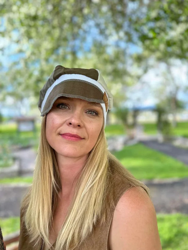 Upcycled brown suit pants with khakis Newsboy cap