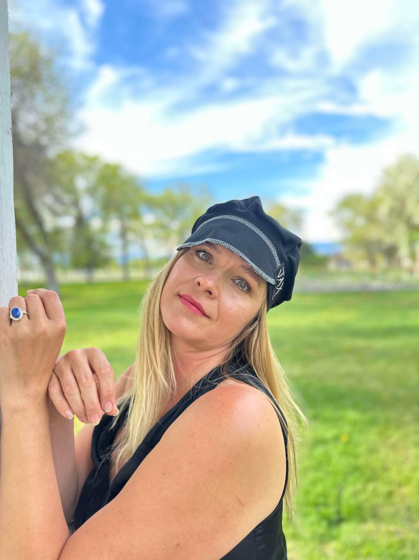 Black midweight with black band upcycled hat onesize