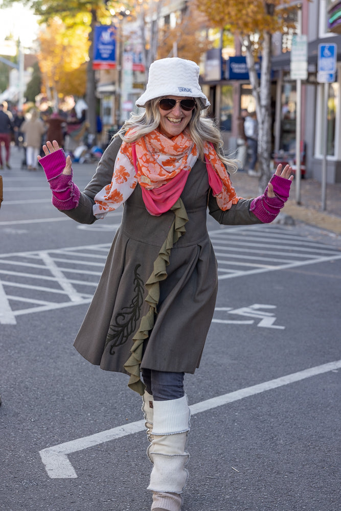 Upcycled fuzzy white Adult OS bucket