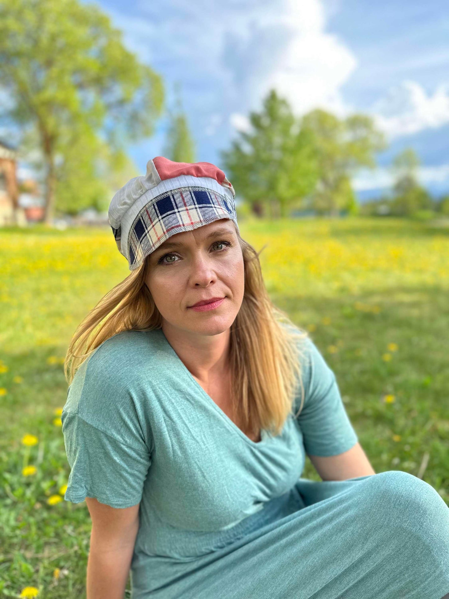 Blue plaid picnic with cream band upcycled hat onesize