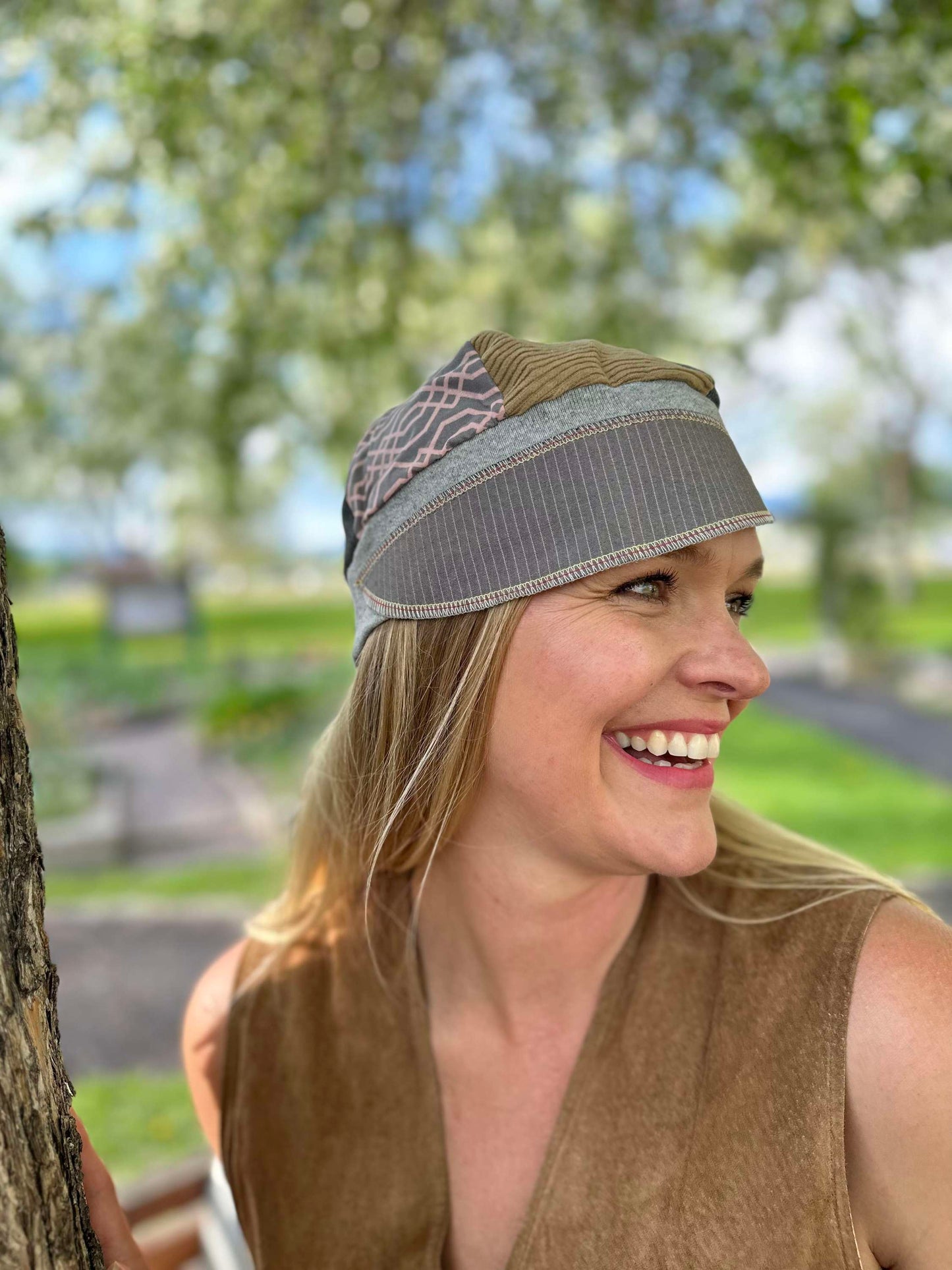 Corduroy and grey business suit upcycled hat onesize