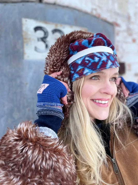 Blue with pink fingerless gloves