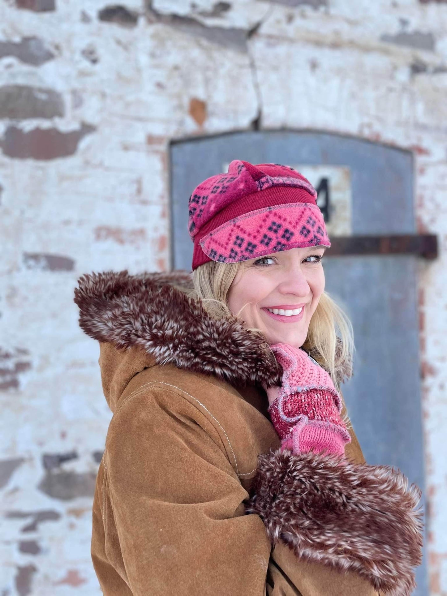 Pink sweater fingerless gloves