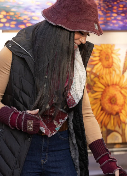 Upcycled Burgundy mix sweaters Fingerless texting gloves