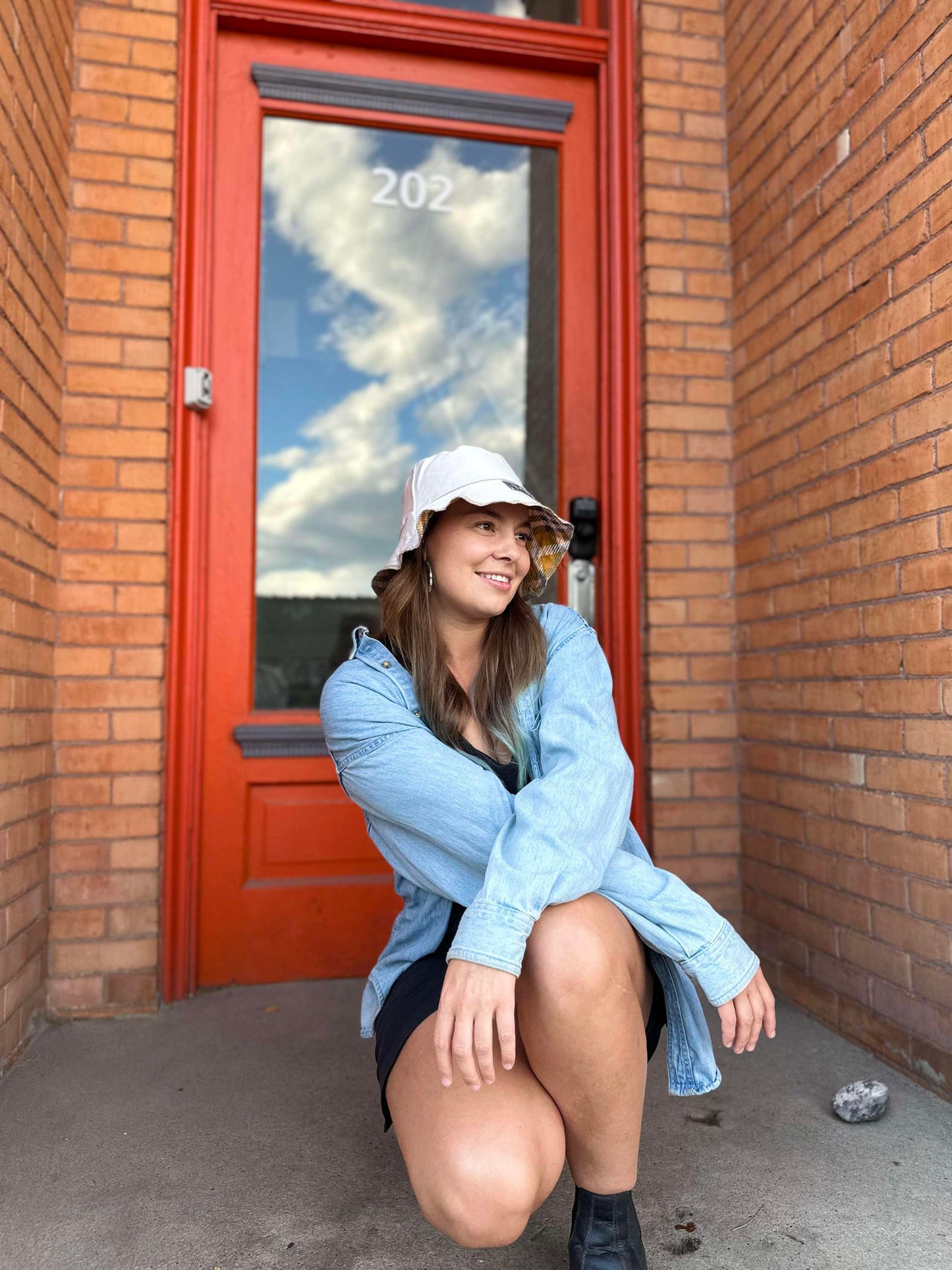 Upcycled from Khaki pants into an Adult OS bucket reversible