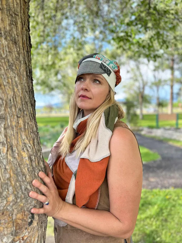 Business suit and floral fabric upcycled Newsboy cap