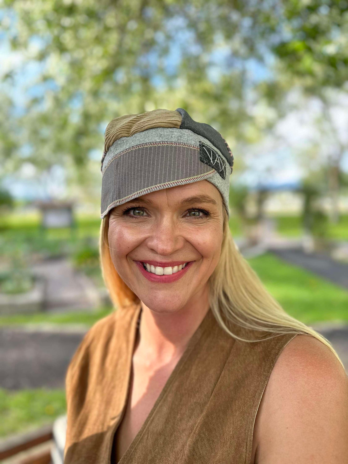 Corduroy and grey business suit upcycled hat onesize