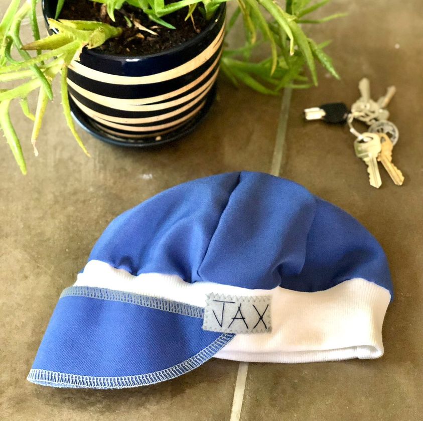 Blue midweight with cream band upcycled hat onesize