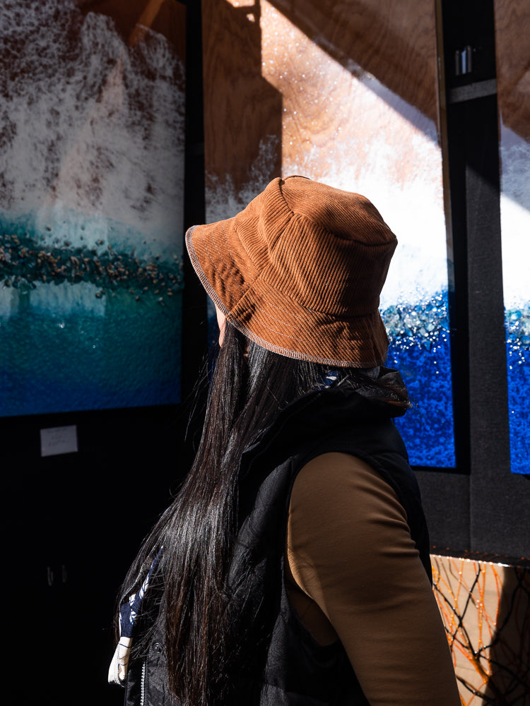 Upcycled corduroy Camel skirt turned into an Adult OS bucket