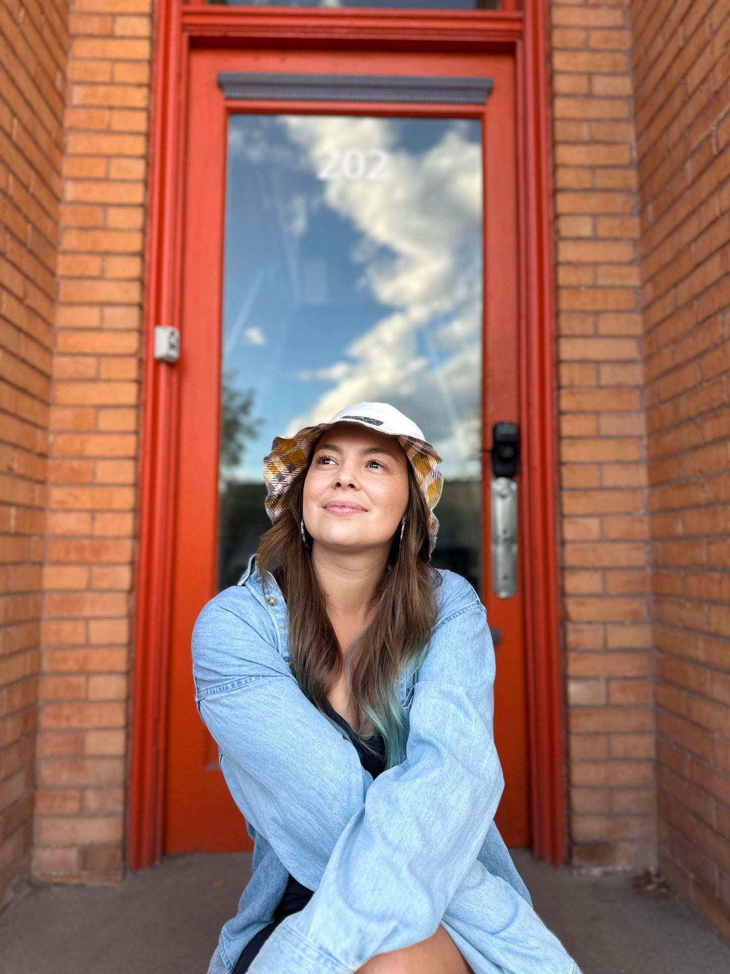 Upcycled from Khaki pants into an Adult OS bucket reversible