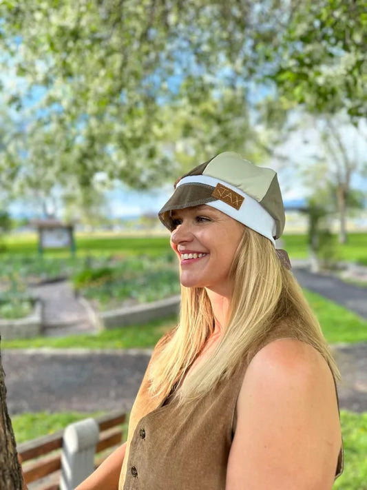 Upcycled brown suit pants with khakis Newsboy cap