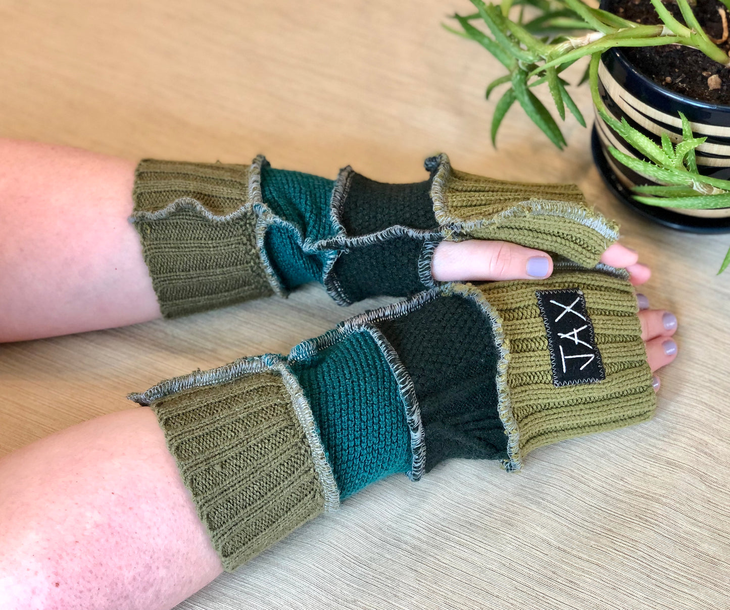 Upcycled mixed Green Jax texting gloves