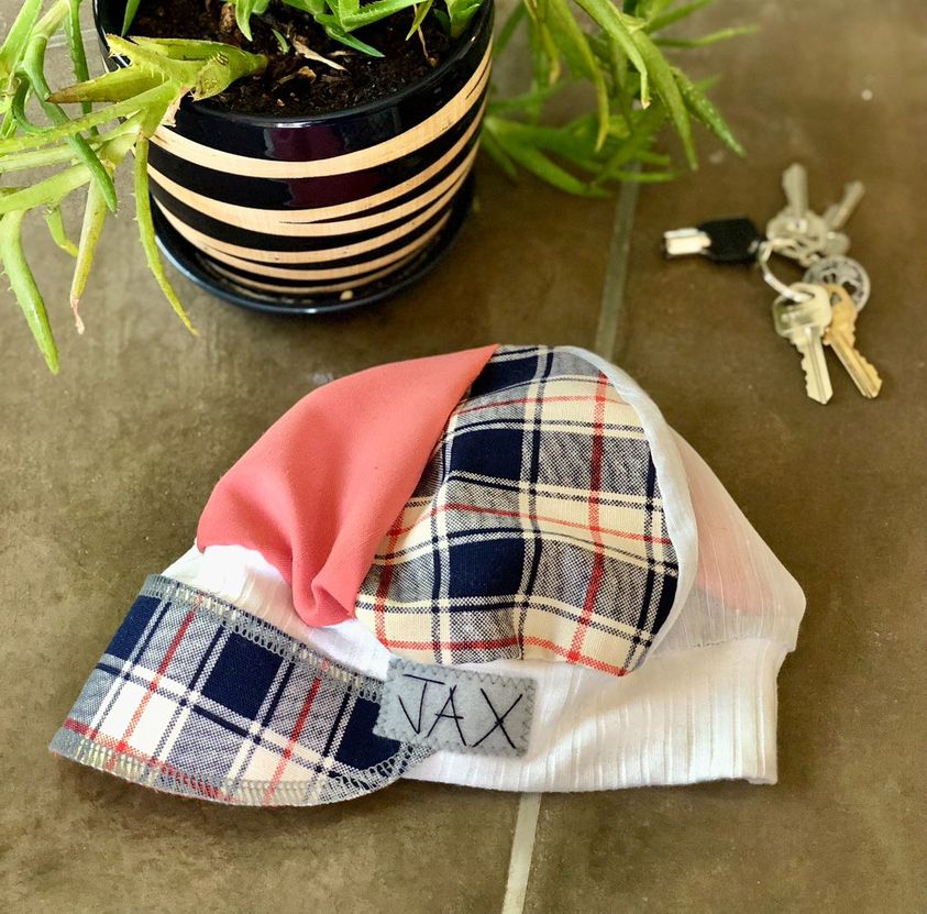 Blue plaid picnic with cream band upcycled hat onesize