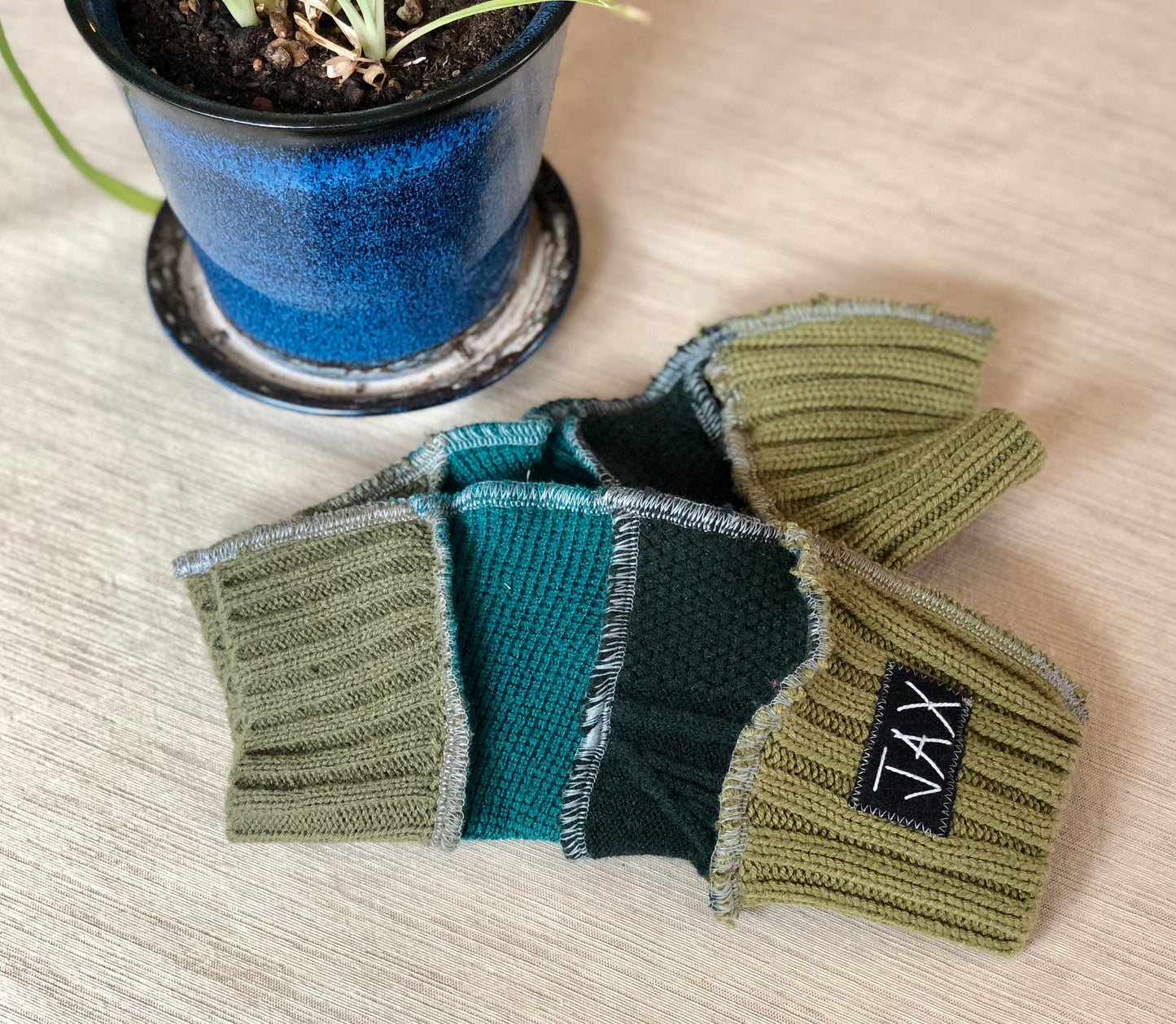 Upcycled mixed Green Jax texting gloves