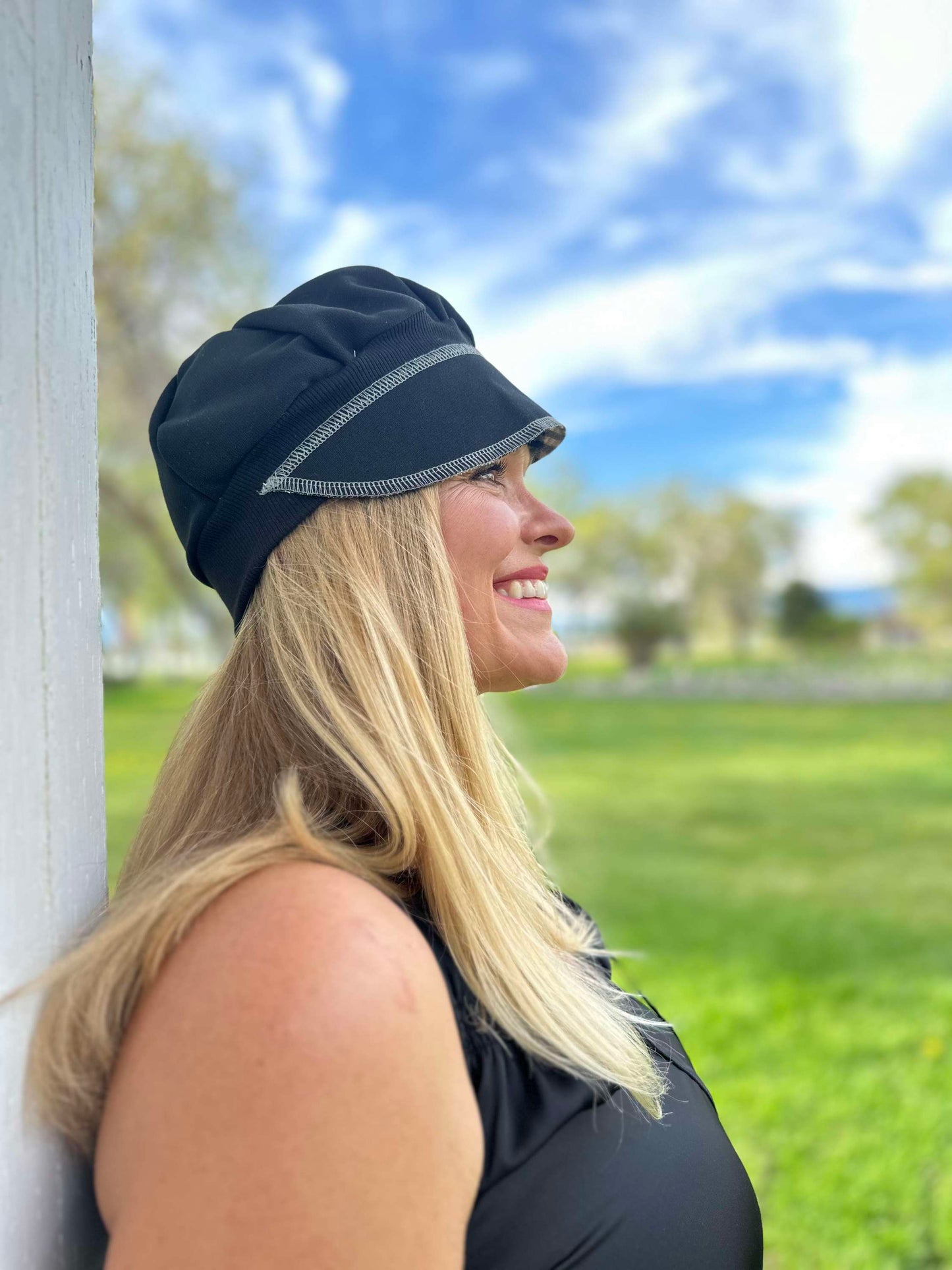 Black midweight with black band upcycled hat onesize