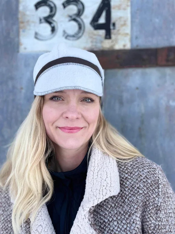 Fleece Cream with dark Brown band JAX Newsboy cap SM