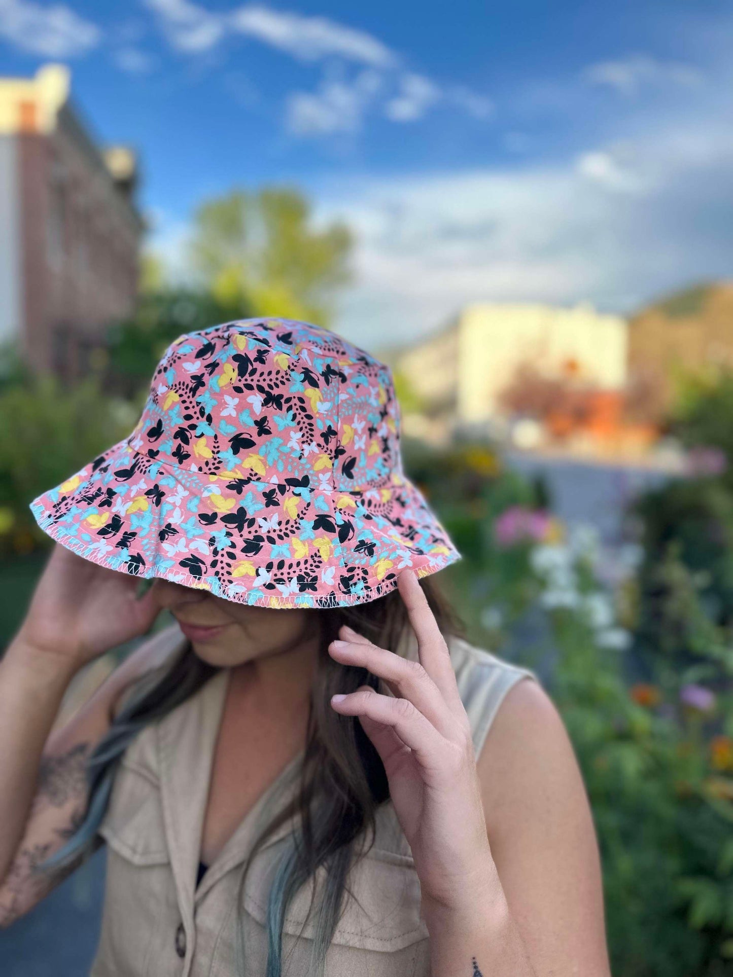 Upcycled butterflies materials turned into an Adult bucket