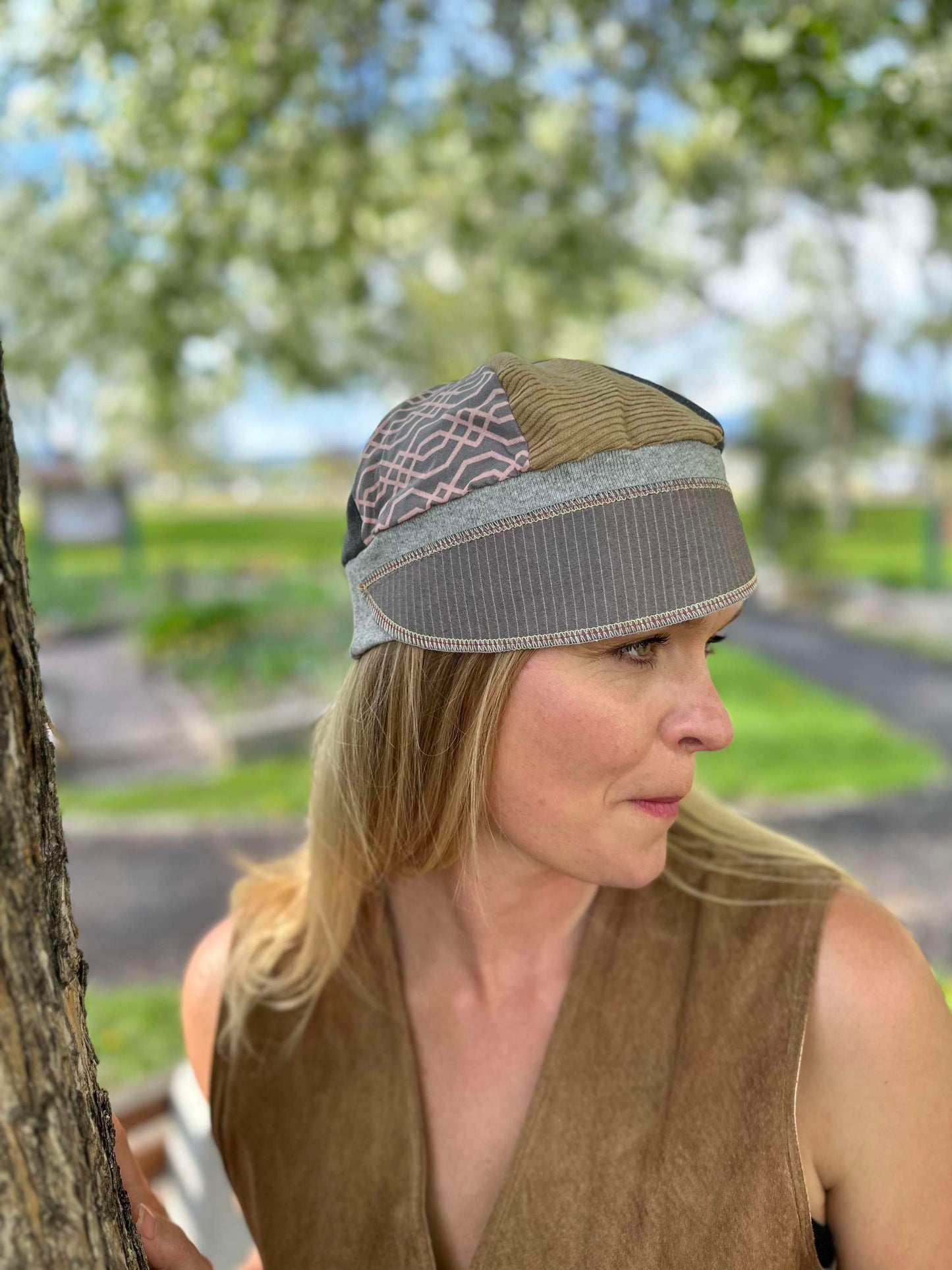 Corduroy and grey business suit upcycled hat onesize
