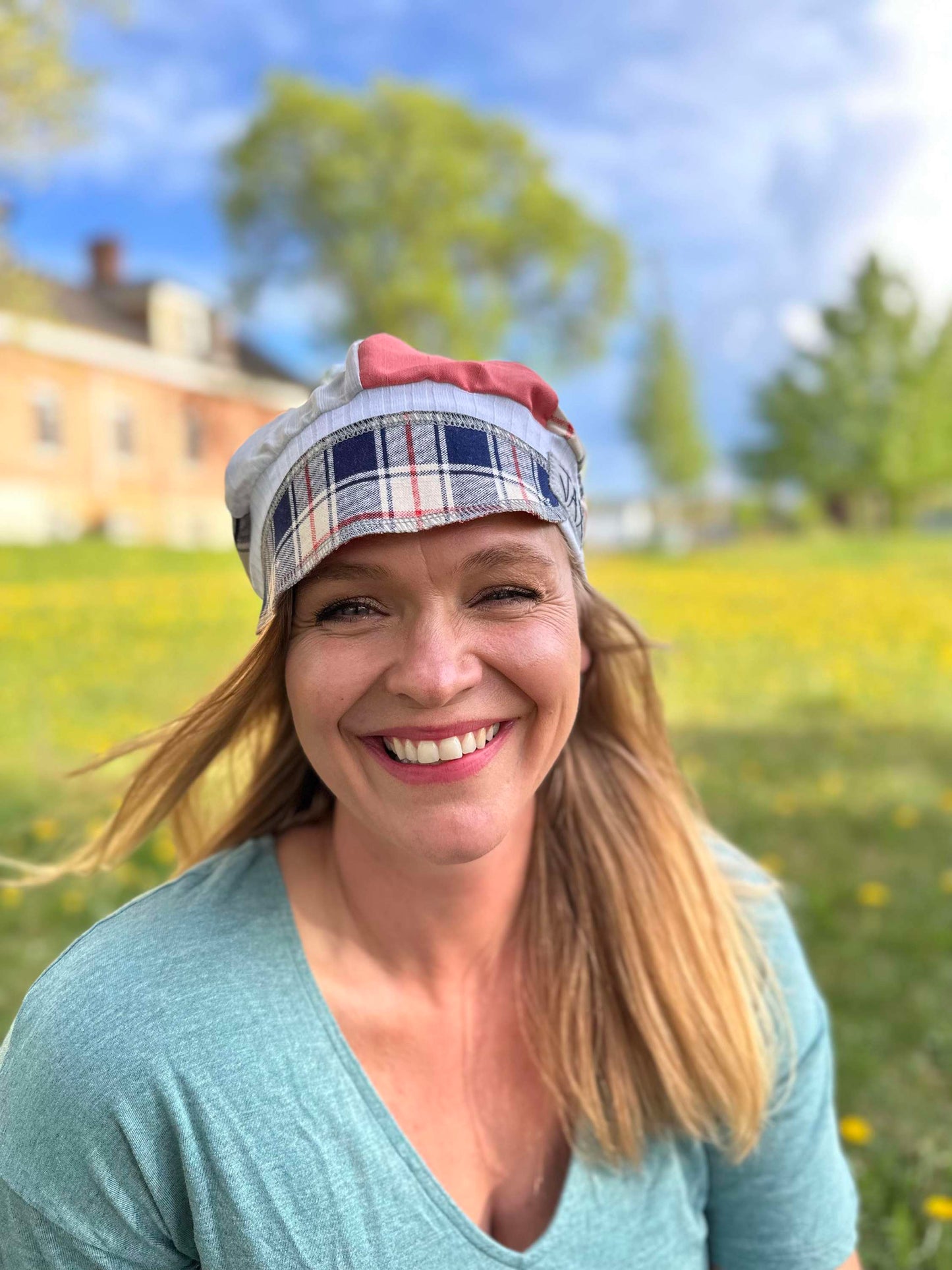 Blue plaid picnic with cream band upcycled hat onesize