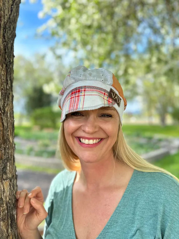 Upcycled peach picnic and cream lace Newsboy cap