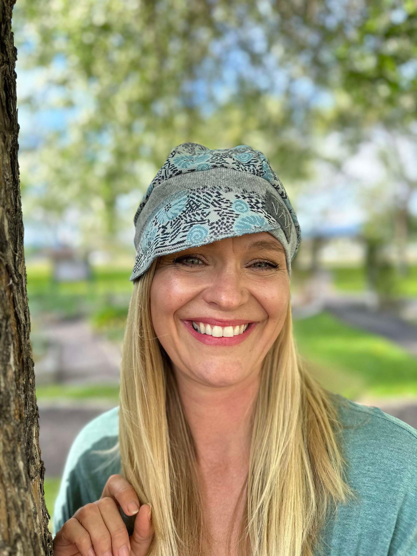 Retro blue daisy pants upcycled hat onesize