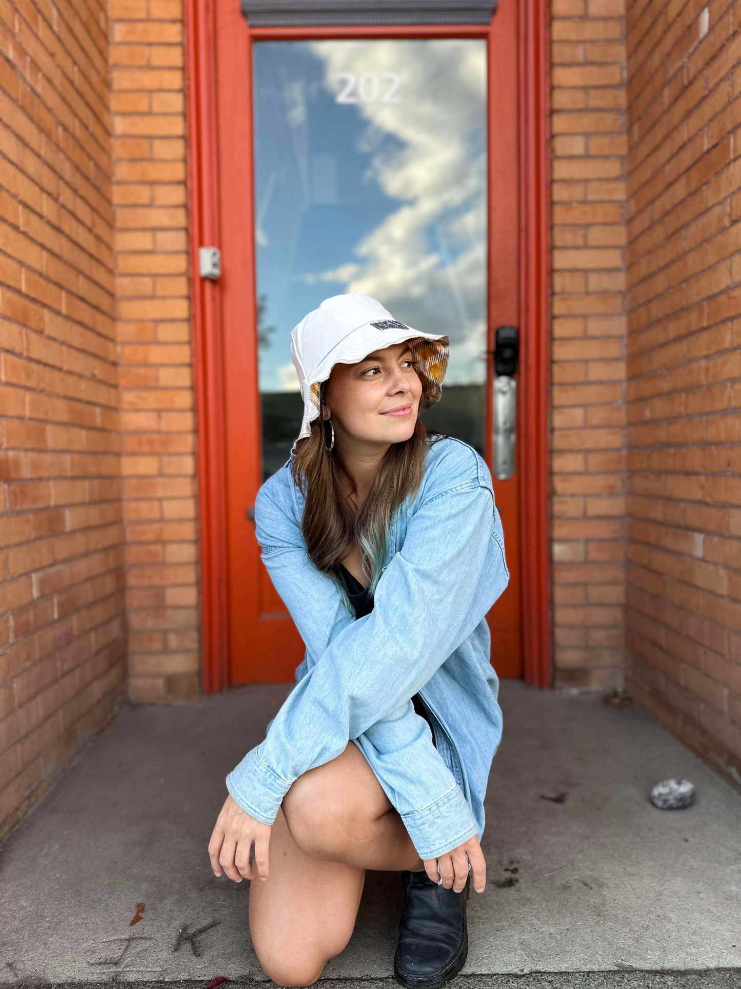 Upcycled from Khaki pants into an Adult OS bucket reversible