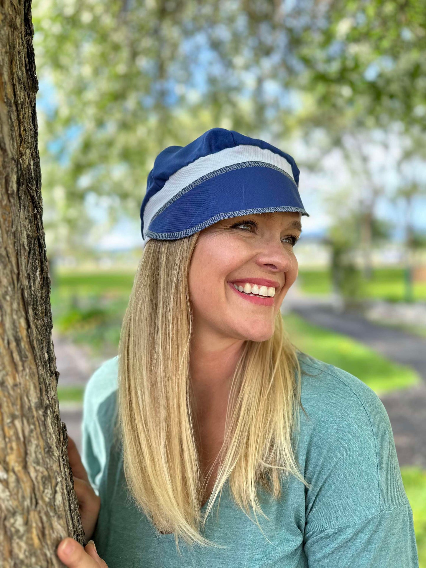 Blue midweight with cream band upcycled hat onesize