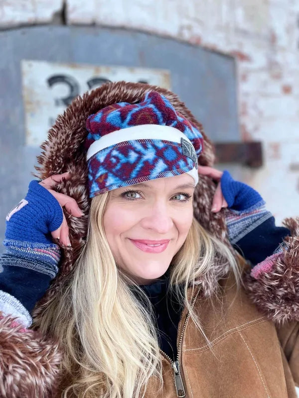 Blue with pink fingerless gloves