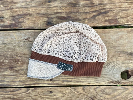 Upcycled Tan Lace with brown band Newsboy cap