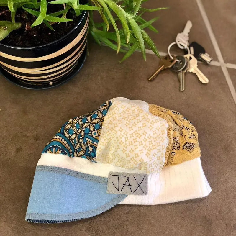 Blue mosaic and yellow lace upcycled Newsboy cap